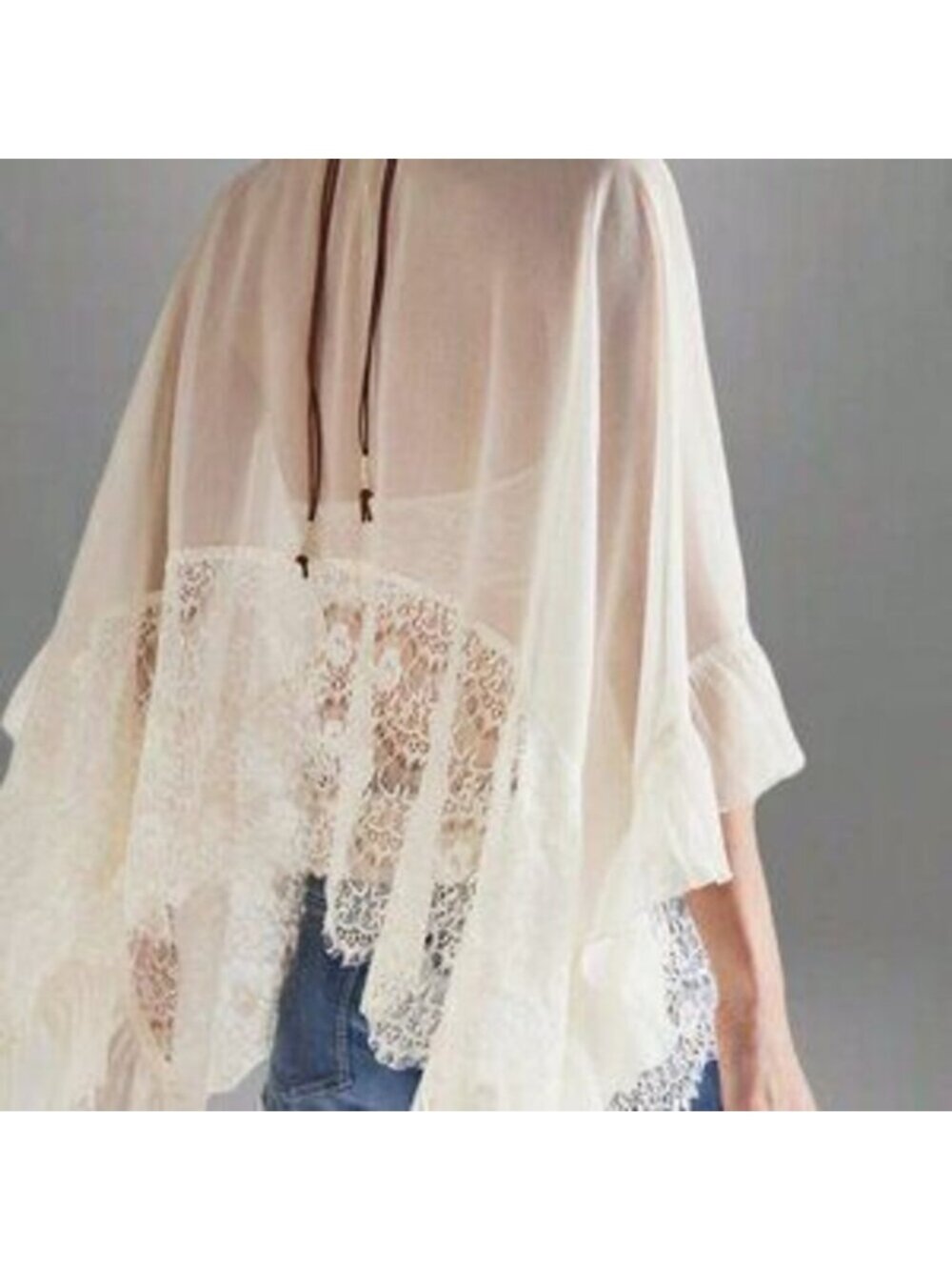 White Casual Women's Y2K Poncho Top, Oversized V-Neck Lace Blouse - Picture 3 of 3